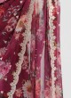 Floral Printed Organza Saree In Mulberry Color
